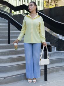 Andrea Bello Women's Solid Color Long Sleeve Single-Breasted Casual Shirt - Yellow - View 3