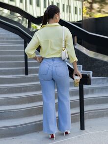 Andrea Bello Women's Solid Color Long Sleeve Single-Breasted Casual Shirt - Yellow - View 2