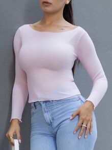 Andrea Bello 春季新款露肩修身半透女款T恤 夏季薄款外出上衣 - 粉色 - 查看 4