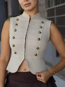 Andrea Bello 淺卡其色修身拉鍊前開拿破崙/軍裝背心女款，夏季，外出，鄉村音樂會 - 卡其色 - 查看 4