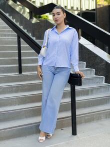 Andrea Bello 女款寬鬆休閒舒適版型輕便商務休閒條紋長袖襯衫 - 藍色 - 查看 4