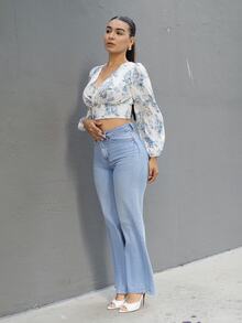 Andrea Bello 女士雪纺印花长袖V领衬衫，长袖上衣，秋季女装度假装扮，复活节波西米亚风 - 藍色 - 查看 6