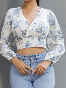 Andrea Bello 女士雪纺印花长袖V领衬衫，长袖上衣，秋季女装度假装扮，复活节波西米亚风 - 藍色 - 查看 3