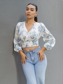 Andrea Bello 女士雪纺印花长袖V领衬衫，长袖上衣，秋季女装度假装扮，复活节波西米亚风 - 藍色 - 查看 1
