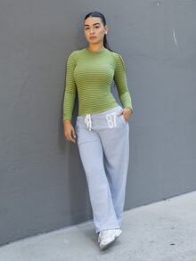 Andrea Bello Muted Rose Ribbed Striped Top, Perfect For Fall, Casual, Business And Everyday Wear. - Green - View 4