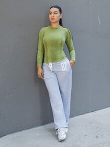Andrea Bello Muted Rose Ribbed Striped Top, Perfect For Fall, Casual, Business And Everyday Wear. - Green - View 6