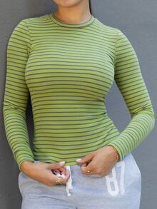 Andrea Bello Muted Rose Ribbed Striped Top, Perfect For Fall, Casual, Business And Everyday Wear. - Green - View 3