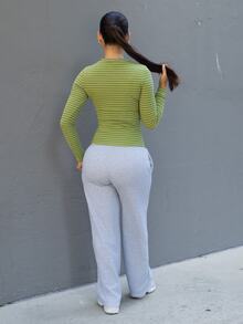Andrea Bello Muted Rose Ribbed Striped Top, Perfect For Fall, Casual, Business And Everyday Wear. - Green - View 2