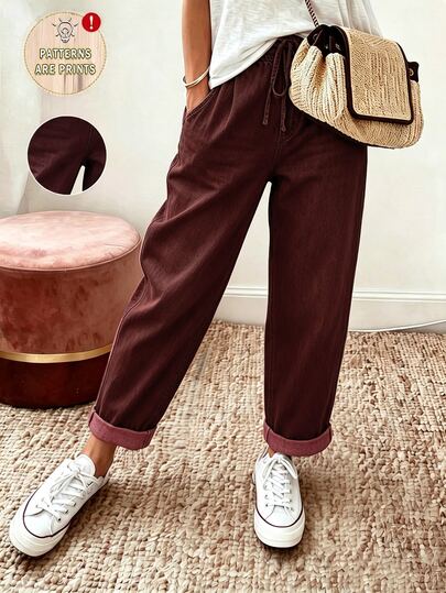 SHEIN Holidaya Women's Casual Tapered Denim Printed Long Pants, Summer Casual Vacation Pants, Regular Fit Joggers, Elastic Waistband, Diagonal Pockets, Drawstring And Tie, Back To School Long Pants, Women's Commute Outfit Long Pants, Holiday Outfit Long Pants, Vacation Outfit Long Pants, Outing Outfit Long Pants