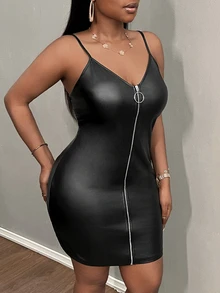 Veslaya 大尺碼黑色性感純色露背細肩帶包臀裙洋裝-W 秋夜 - 黑色 - 查看 6