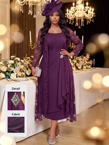 Fleurora Plus Size Women's Lace Long Sleeve Open Front Lace And Pleated Sleeveless Dress Elegant 2 Pieces Set Wedding Formal Dinner Purple Autumn - Violet Purple - View 6
