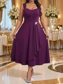 Fleurora Plus Size Women's Lace Long Sleeve Open Front Lace And Pleated Sleeveless Dress Elegant 2 Pieces Set Wedding Formal Dinner Purple Autumn - Violet Purple - View 3