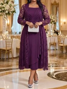 Fleurora Plus Size Women's Lace Long Sleeve Open Front Lace And Pleated Sleeveless Dress Elegant 2 Pieces Set Wedding Formal Dinner Purple Autumn - Violet Purple - View 5