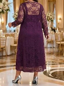 Fleurora Plus Size Women's Lace Long Sleeve Open Front Lace And Pleated Sleeveless Dress Elegant 2 Pieces Set Wedding Formal Dinner Purple Autumn - Violet Purple - View 2