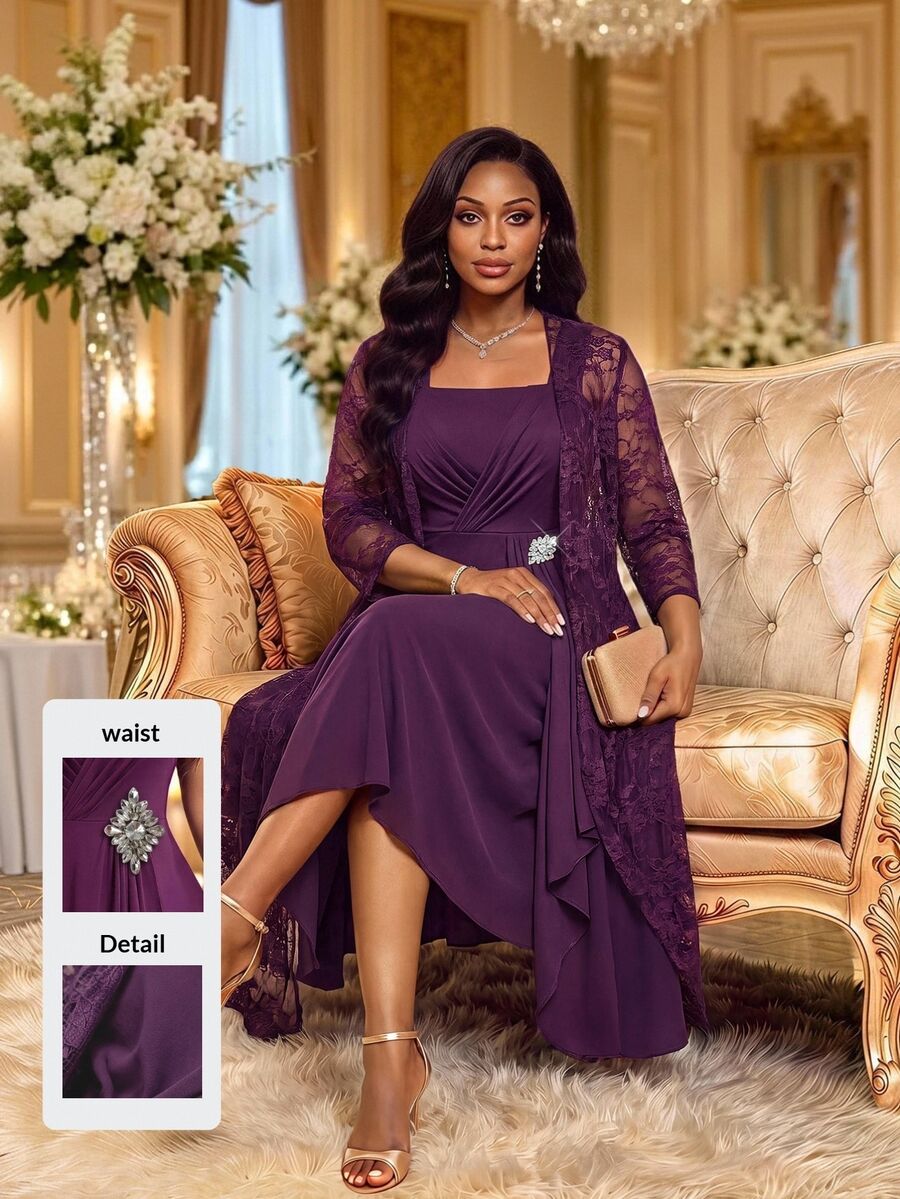 Fleurora Plus Size Women's Lace Long Sleeve Open Front Lace And Pleated Sleeveless Dress Elegant 2 Pieces Set Wedding Formal Dinner Purple Autumn - Violet Purple - View 1