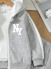 小男孩 2 件套 簡約休閒拼色白色字母印花連帽拉鍊抓絨衛衣外套運動長褲套裝 秋冬生日 - 彩色 - 查看 7