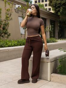Andrea Bello Starry Sky Elastic Waist Casual Straight Leg Wide Leg Pants - Brown - View 4