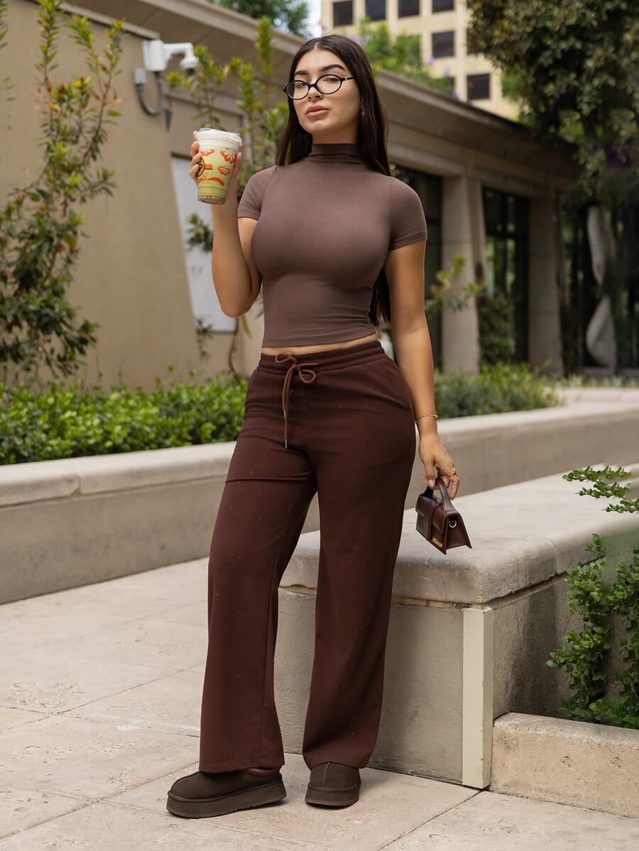 Andrea Bello Starry Sky Elastic Waist Casual Straight Leg Wide Leg Pants - Brown - View 1