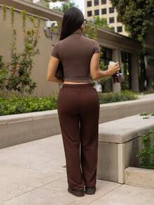 Andrea Bello Starry Sky Elastic Waist Casual Straight Leg Wide Leg Pants - Brown - View 2