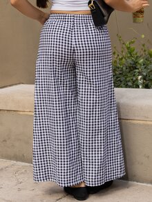 Andrea Bello Spring And Summer Checked High Waist Wide Leg Pants With Elastic Waistband Plaid - Black - View 2