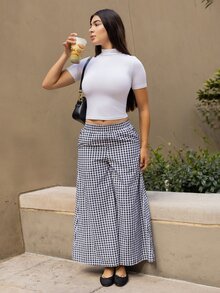 Andrea Bello Spring And Summer Checked High Waist Wide Leg Pants With Elastic Waistband Plaid - Black - View 1