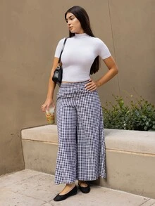 Andrea Bello Spring And Summer Checked High Waist Wide Leg Pants With Elastic Waistband Plaid - Black - View 3