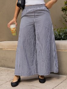 Andrea Bello Spring And Summer Checked High Waist Wide Leg Pants With Elastic Waistband Plaid - Black - View 4