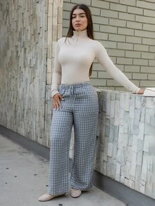 Andrea Bello 女款休閒格紋長褲，夏季70年代野餐風，抽繩腰身格紋印花，鄉村風格日常穿搭 - 藍色 - 查看 4