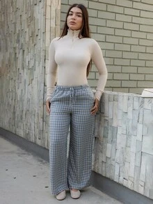 Andrea Bello 女款休閒格紋長褲，夏季70年代野餐風，抽繩腰身格紋印花，鄉村風格日常穿搭 - 藍色 - 查看 5