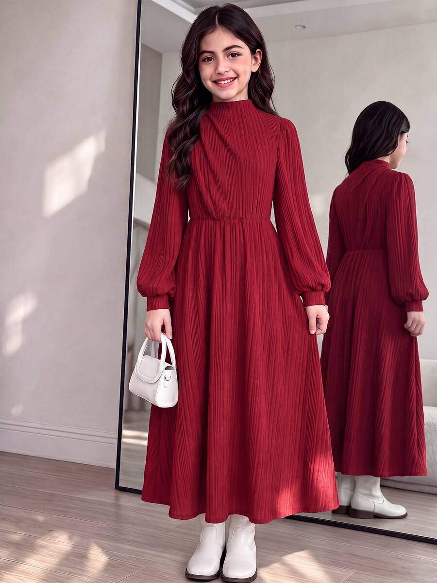 SHEIN 青少年女孩休閒市區女孩風優雅連衣裙 通勤款 立領燈籠袖 A字版型 長袖 紅色 秋冬 - 紅色 - 查看 1
