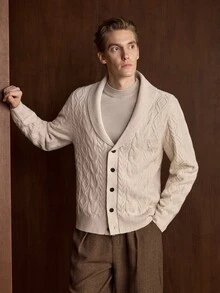 Marcello Vane New Men's Autumn/Winter Long Sleeve Turn-Down Collar Knitted Cardigan With Cable Knit Texture And Single-Breasted Buttons - Khaki - View 6