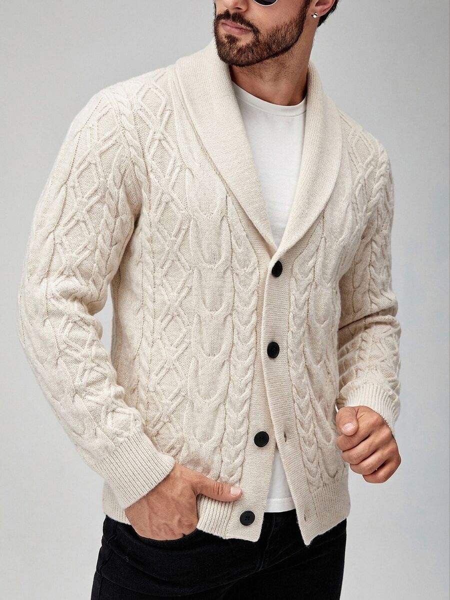 Marcello Vane New Men's Autumn/Winter Long Sleeve Turn-Down Collar Knitted Cardigan With Cable Knit Texture And Single-Breasted Buttons - Khaki - View 1
