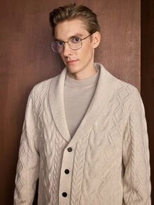 Marcello Vane New Men's Autumn/Winter Long Sleeve Turn-Down Collar Knitted Cardigan With Cable Knit Texture And Single-Breasted Buttons - Khaki - View 3