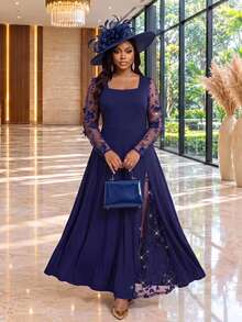 Fleurora Plus Size Women Mesh Patchwork Casual Elegant Glamour Party Dinner Formal Dress Wedding Navy Blue Autumn Elegant Long Party Dress - Navy Blue - View 4