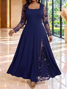 Fleurora Plus Size Women Mesh Patchwork Casual Elegant Glamour Party Dinner Formal Dress Wedding Navy Blue Autumn Elegant Long Party Dress - Navy Blue - View 3