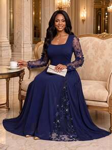 Fleurora Plus Size Women Mesh Patchwork Casual Elegant Glamour Party Dinner Formal Dress Wedding Navy Blue Autumn Elegant Long Party Dress - Navy Blue - View 1