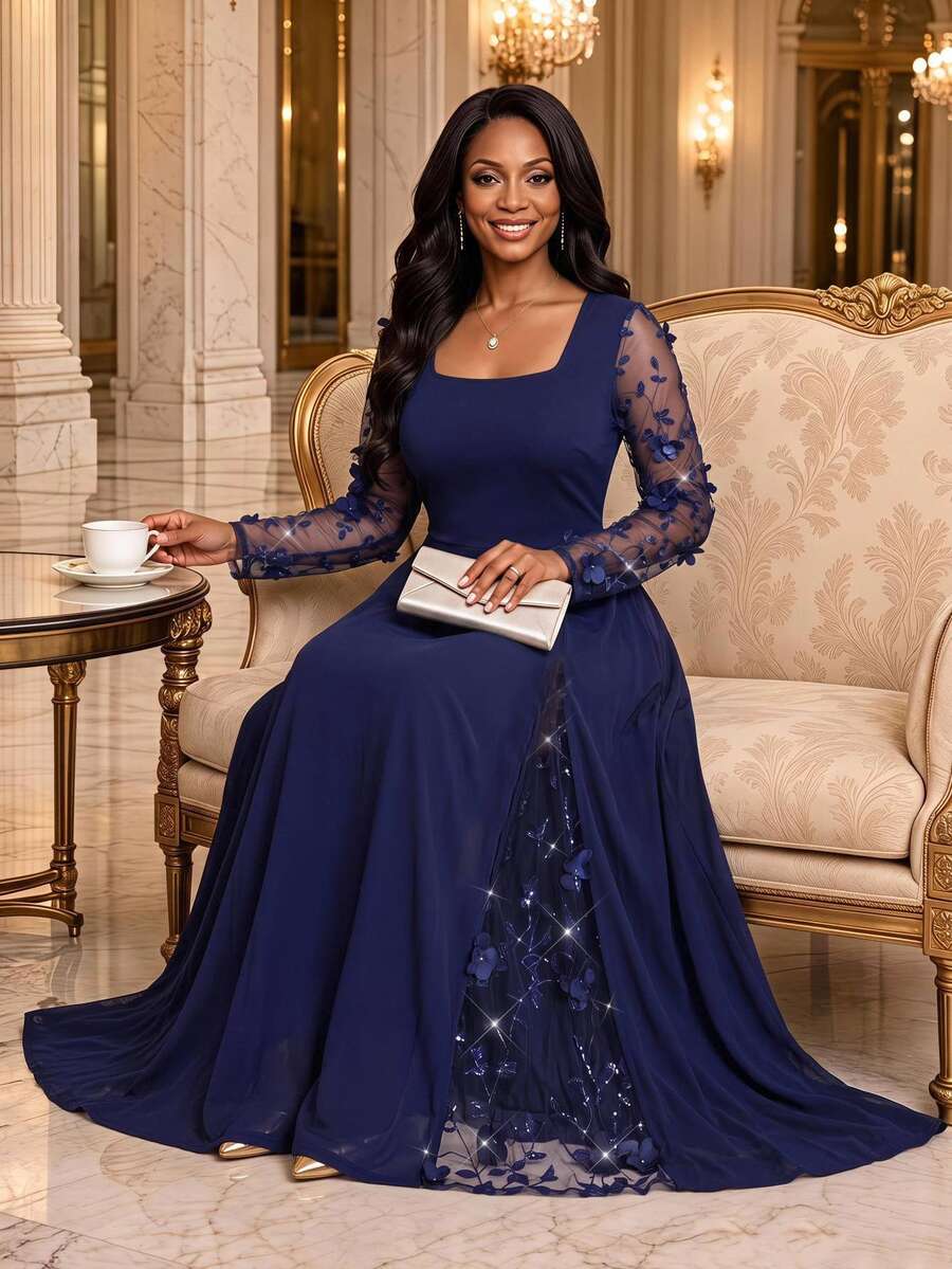 Fleurora Plus Size Women Mesh Patchwork Casual Elegant Glamour Party Dinner Formal Dress Wedding Navy Blue Autumn Elegant Long Party Dress - Navy Blue - View 1