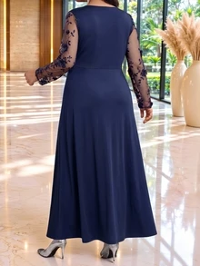 Fleurora Plus Size Women Mesh Patchwork Casual Elegant Glamour Party Dinner Formal Dress Wedding Navy Blue Autumn Elegant Long Party Dress - Navy Blue - View 2