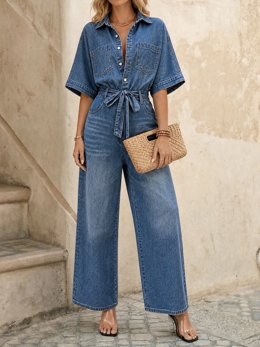 EMERY ROSE Women's Fashion Commuter Batwing Sleeve Denim Jumpsuit