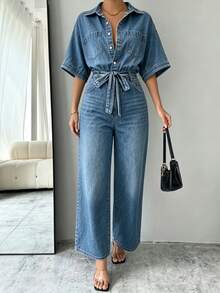 EMERY ROSE Women's Fashion Commuter Batwing Sleeve Denim Jumpsuit - Medium Wash - View 5