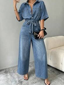 EMERY ROSE Women's Fashion Commuter Batwing Sleeve Denim Jumpsuit - Medium Wash - View 3