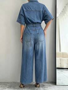 EMERY ROSE Women's Fashion Commuter Batwing Sleeve Denim Jumpsuit - Medium Wash - View 4