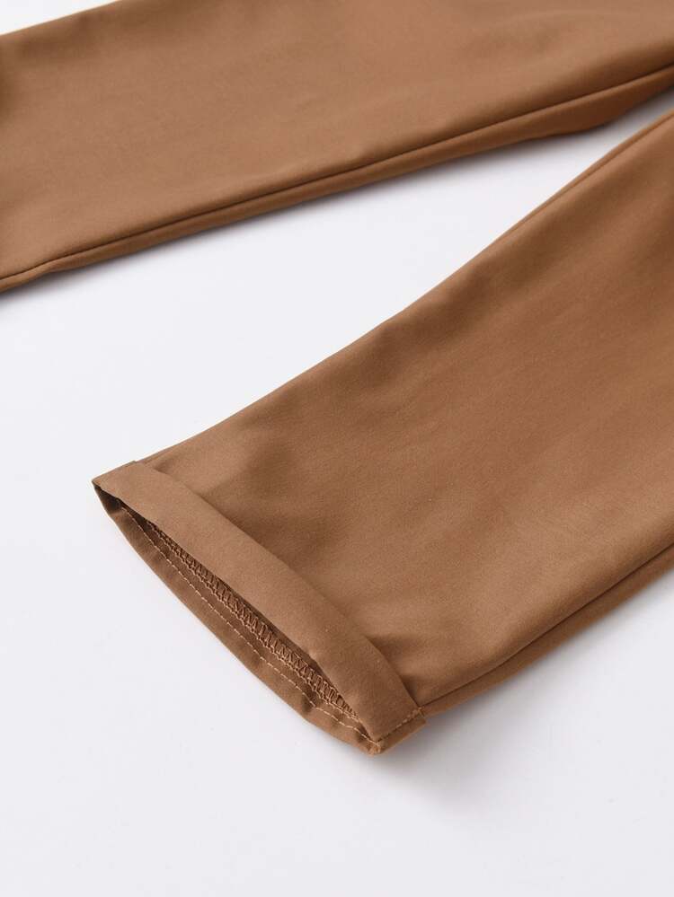 SHEIN Young Boy Casual Comfortable Solid Color Long Pants With One Button Decor And Slanted Pockets, Simple And Convenient Elastic Waist Design, Suitable For Daily Wear, Travel, Gatherings, Holidays, Versatile Fashion Outfit - Brown - View 6