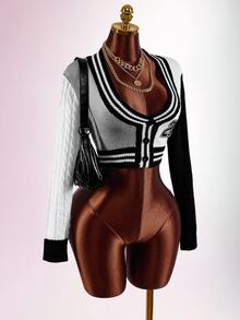 SHEIN ICON Women's Knit Thin Cardigan, Suitable For Back To School Season, Campus Style, Sexy, Avant-Garde, Sexy - Black and White - View 12