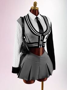 SHEIN ICON Women's Knit Thin Cardigan, Suitable For Back To School Season, Campus Style, Sexy, Avant-Garde, Sexy - Black and White - View 7