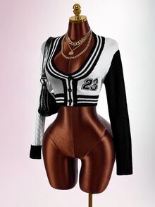 SHEIN ICON Women's Knit Thin Cardigan, Suitable For Back To School Season, Campus Style, Sexy, Avant-Garde, Sexy - Black and White - View 11