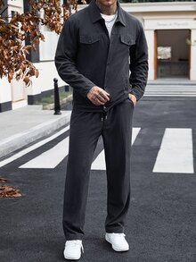 Manfinity Homme 男士灰色通勤風燈芯絨素色寬鬆休閒長褲 2件組 - 灰色 - 查看 7