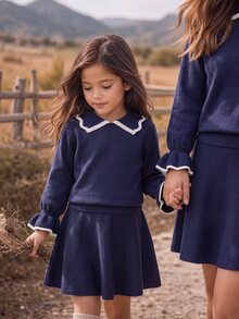 SHEIN 女童秋季毛衣套裝，基礎優雅休閒日常款 - 藏蓝色 - 查看 2