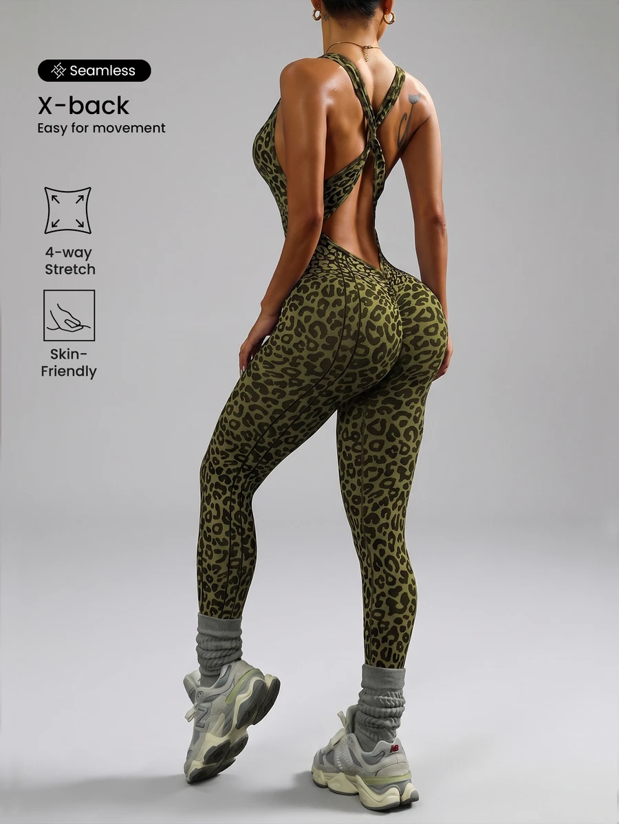 Slayform Slayform 1pc Women's Leopard Print Cropped Length Yoga Workout Jumpsuit - Army Green - View 1