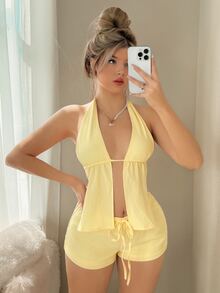 SHEIN ICON Set de 2 piezas de top halter y shorts para mujer, moda de verano - Amarillo - Ver 6